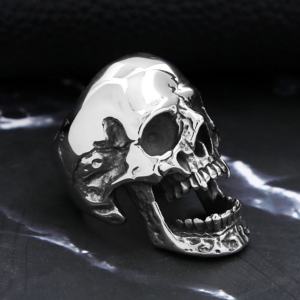 Western Skull Ring – Vintage Long Teeth Zombie Skull Band, Titanium Steel Men’s Halloween Jewelry